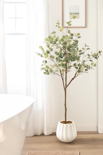 Kate and Laurel 6ft. Eudora Faux Eucalyptus Tree with Claudel Scalloped Planter